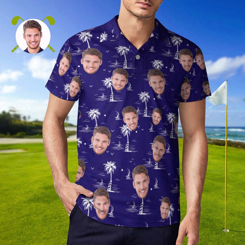 Custom Face Polo Shirt For Men Coconut Tree Island Personalized Hawaiian Golf Shirts - auphotoblanket