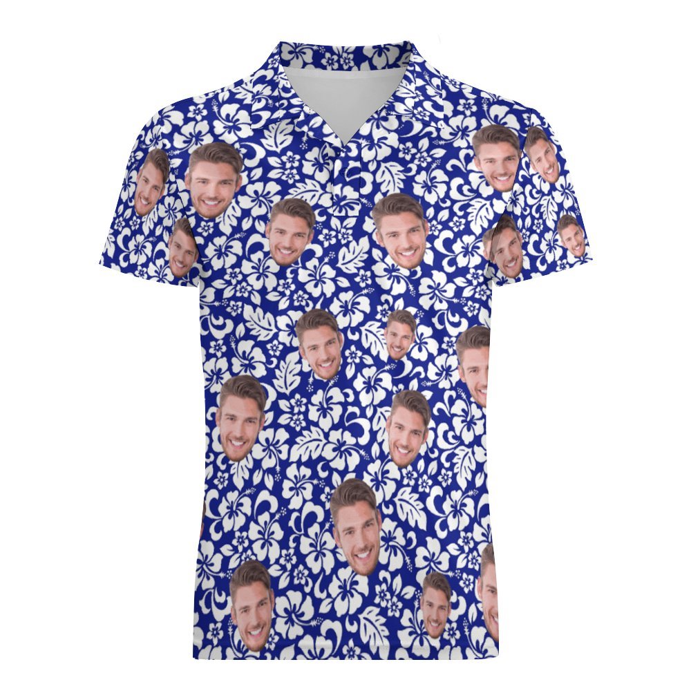 Custom Face Polo Shirt For Men Personalized Blue Hawaiian Golf Shirts - auphotoblanket
