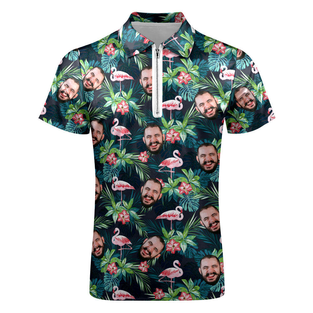 Custom Men's Polo Shirt with Zipper Personalized Face Hawaiian Style Polo Shirt - auphotoblanket