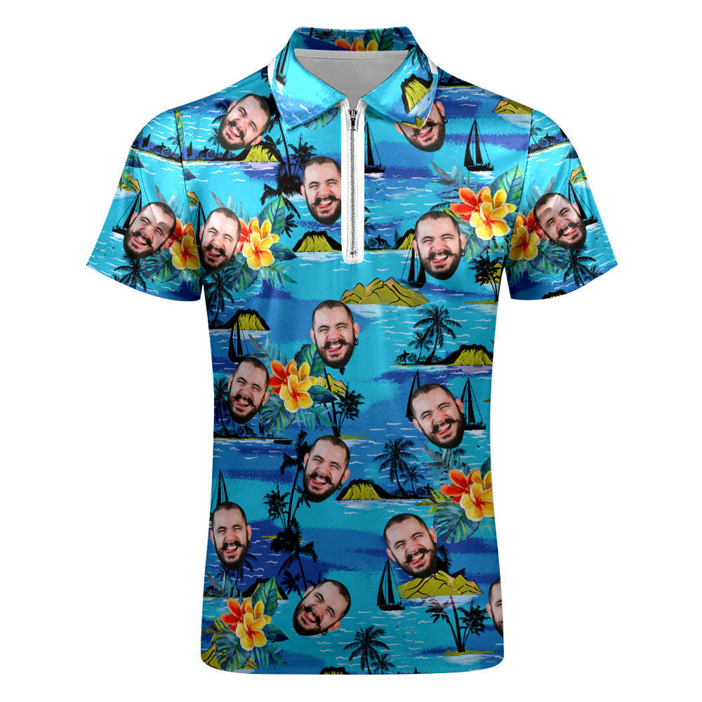 Custom Face Men's Polo Shirt with Zipper Funny Polo Shirt for Boyfriend or Husband - auphotoblanket