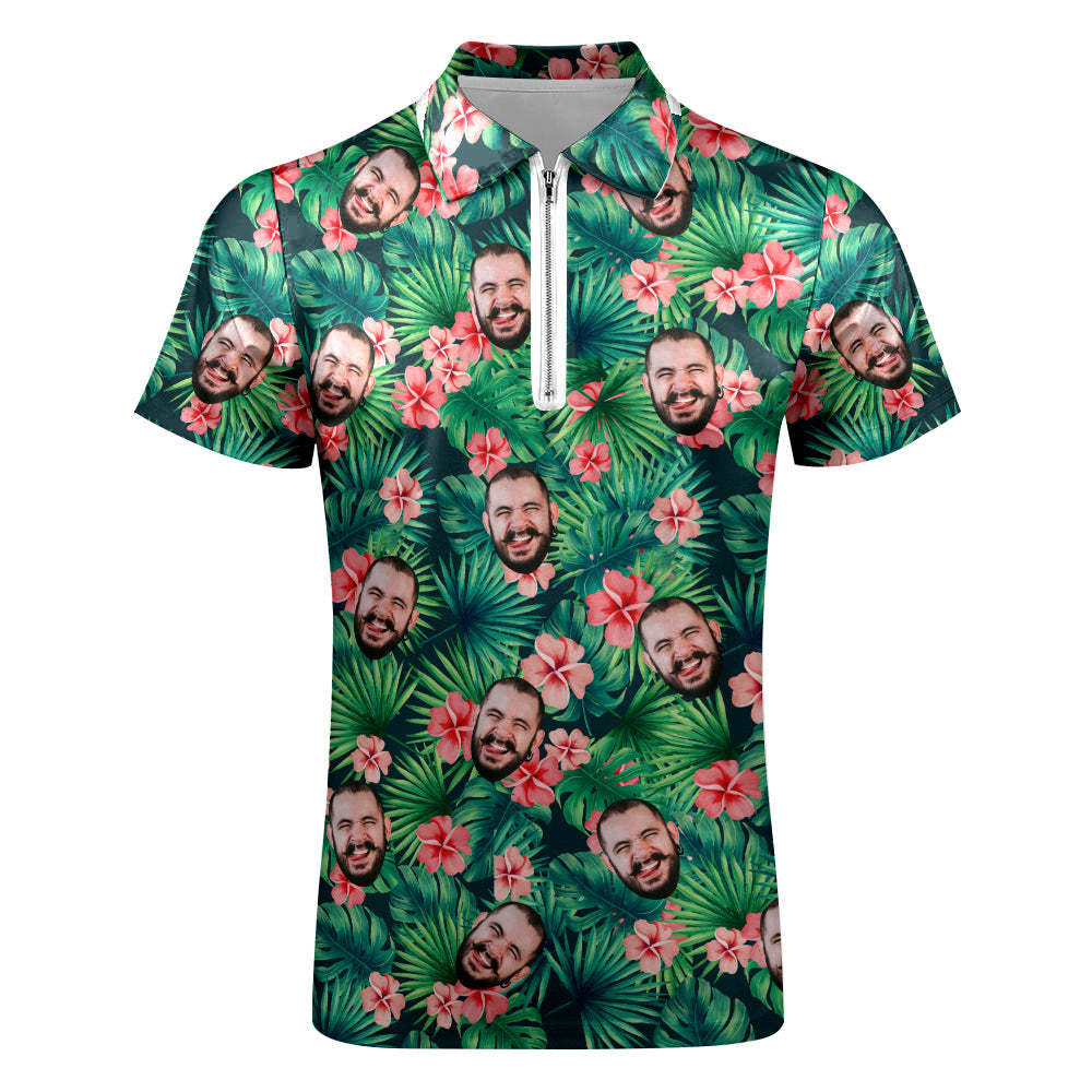 Custom Polo Shirt with Zipper Personalized Face Hawaiian Style Men's Polo Shirt - auphotoblanket