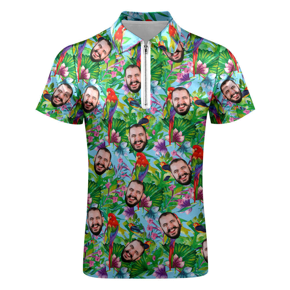 Custom Polo Shirt with Zipper Personalized Face Hawaiian Style Men's Polo Shirt for Him - auphotoblanket