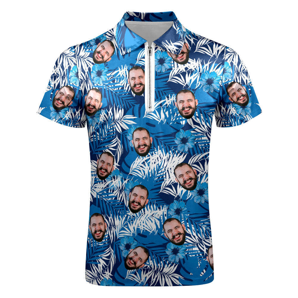 Custom Face Polo Shirt with Zipper Personalized Hawaiian Style Polo Shirt for Men - auphotoblanket