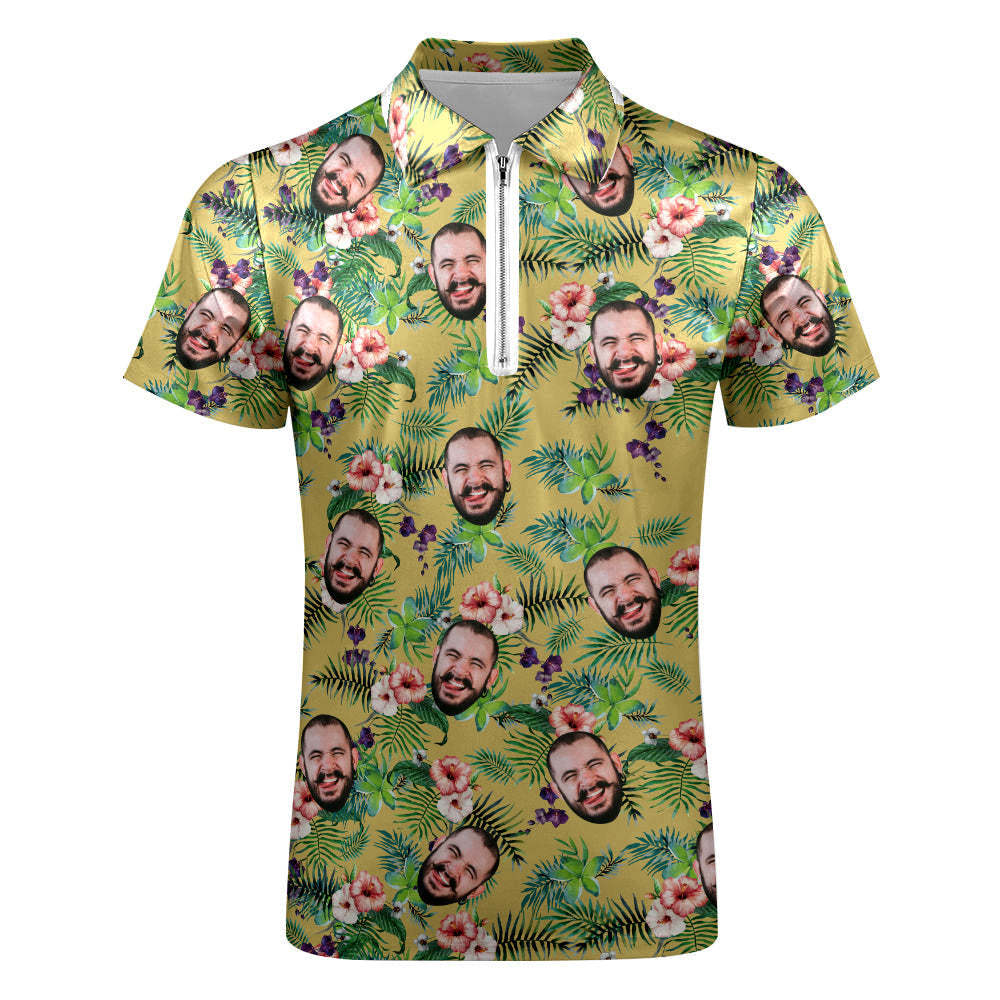 Custom Funny Polo Shirt with Zipper Personalized Face Hawaiian Style Polo Shirt for Men - auphotoblanket
