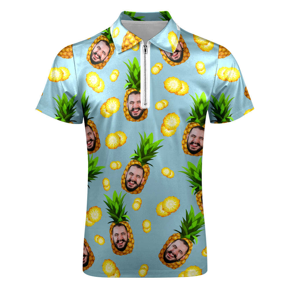 Custom Face Polo Shirt with Zipper Personalized Funny Pineapple Pattern Men's Polo Shirt - auphotoblanket