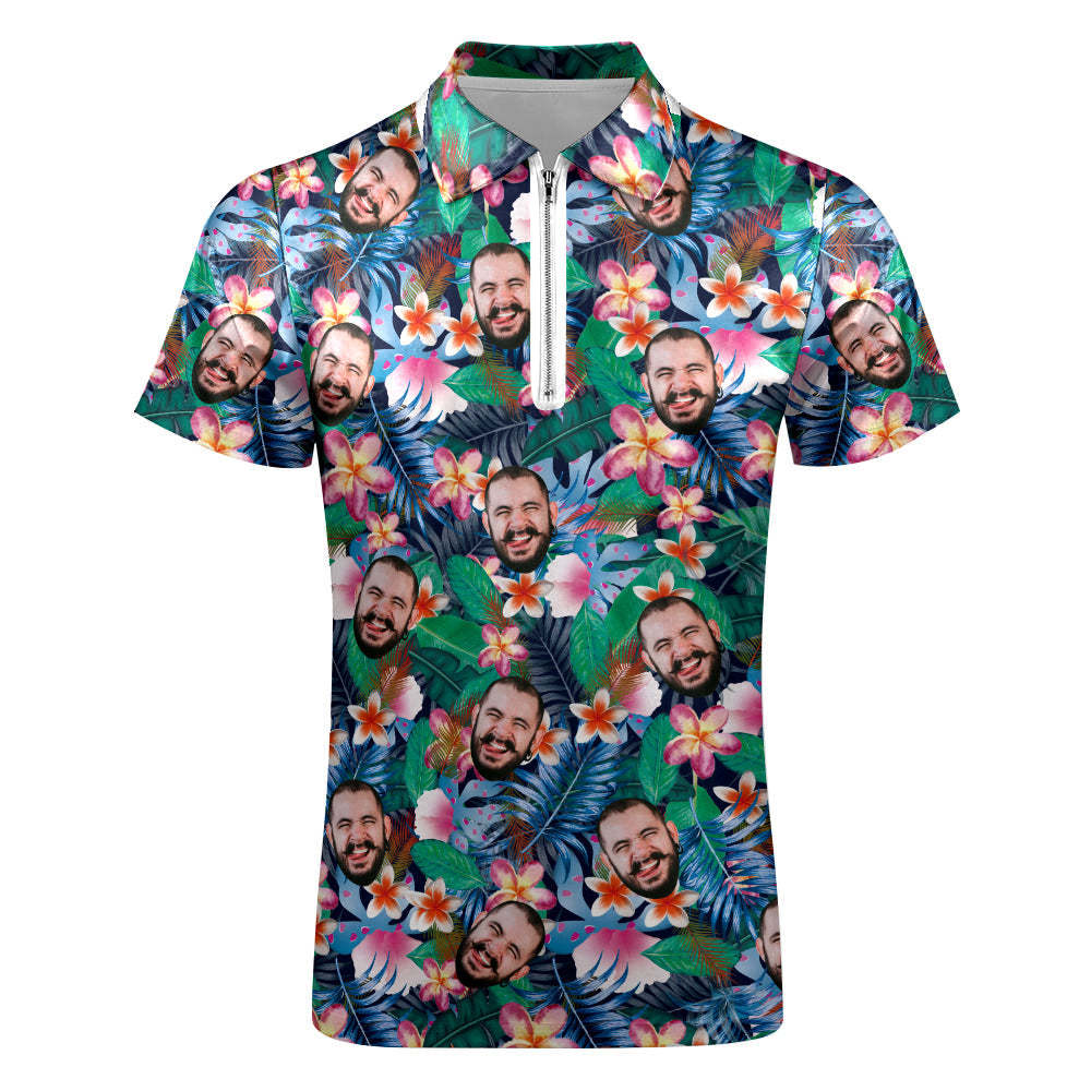 Custom Hawaiian Style Polo Shirt with Zipper Personalized Face Men's Polo Shirt for Him - auphotoblanket