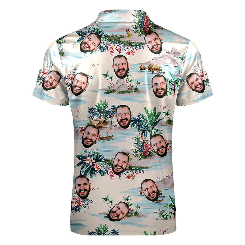 Custom Face Hawaiian Style Polo Shirt with Zipper Men's Polo Shirt for Boyfriend or Husband - auphotoblanket