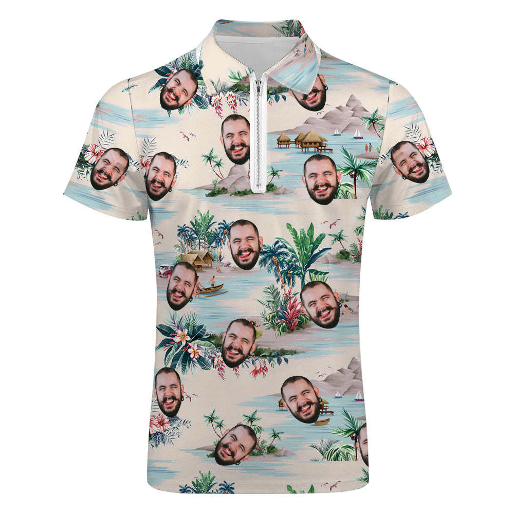 Custom Face Hawaiian Style Polo Shirt with Zipper Men's Polo Shirt for Boyfriend or Husband - auphotoblanket