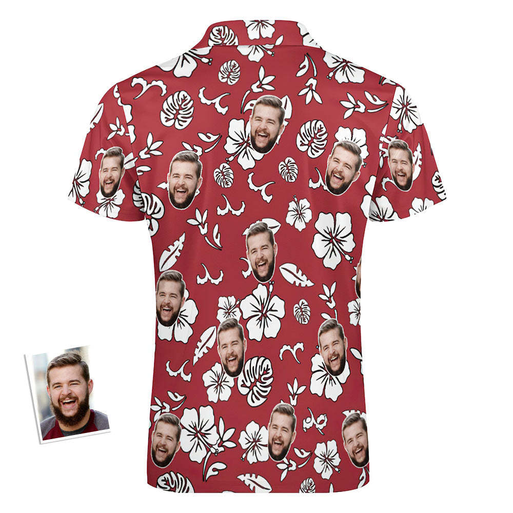 Custom Red Flowers Men's Polo Shirt Personalized Face Funny Polo Shirt with Zipper - auphotoblanket