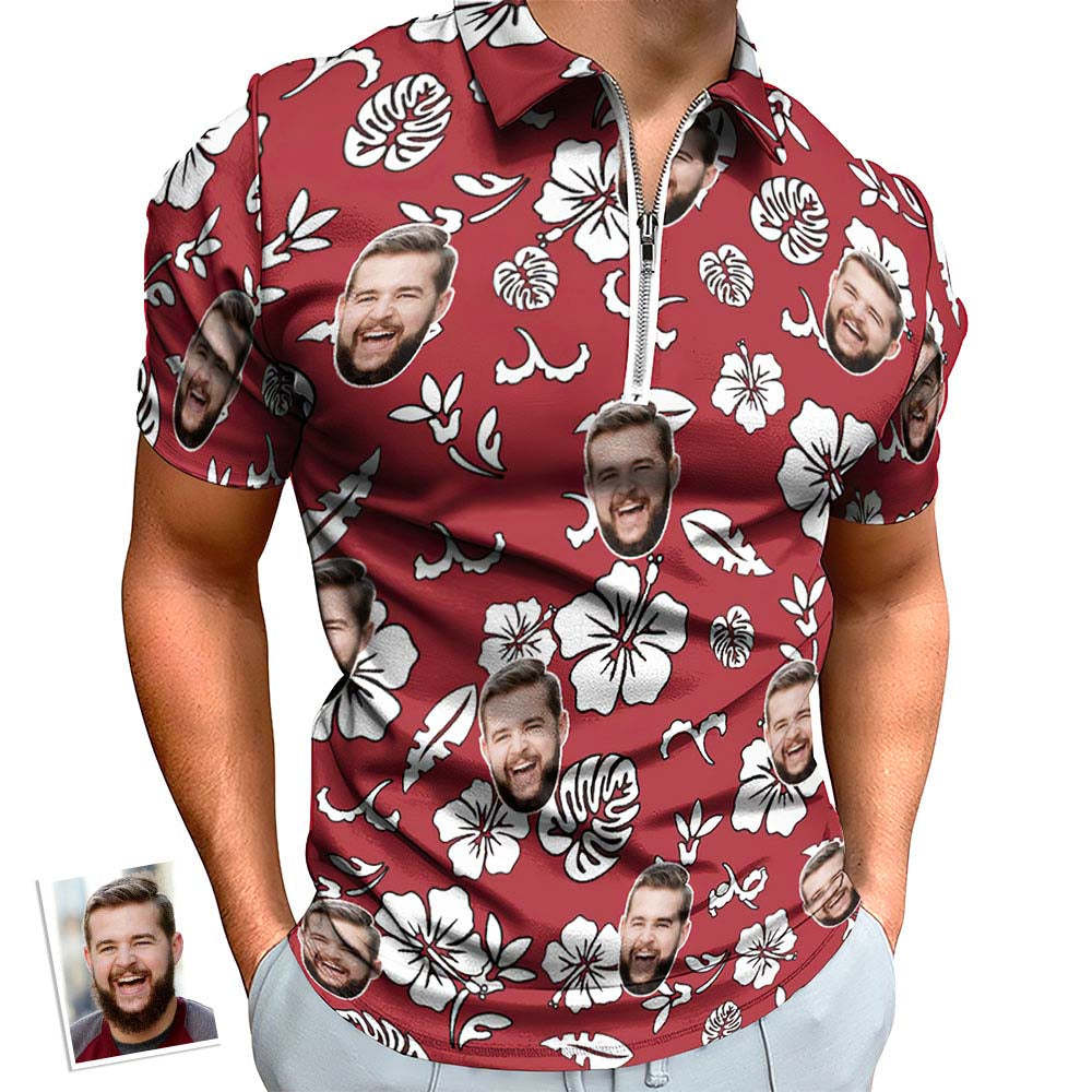 Custom Red Flowers Men's Polo Shirt Personalized Face Funny Polo Shirt with Zipper - auphotoblanket