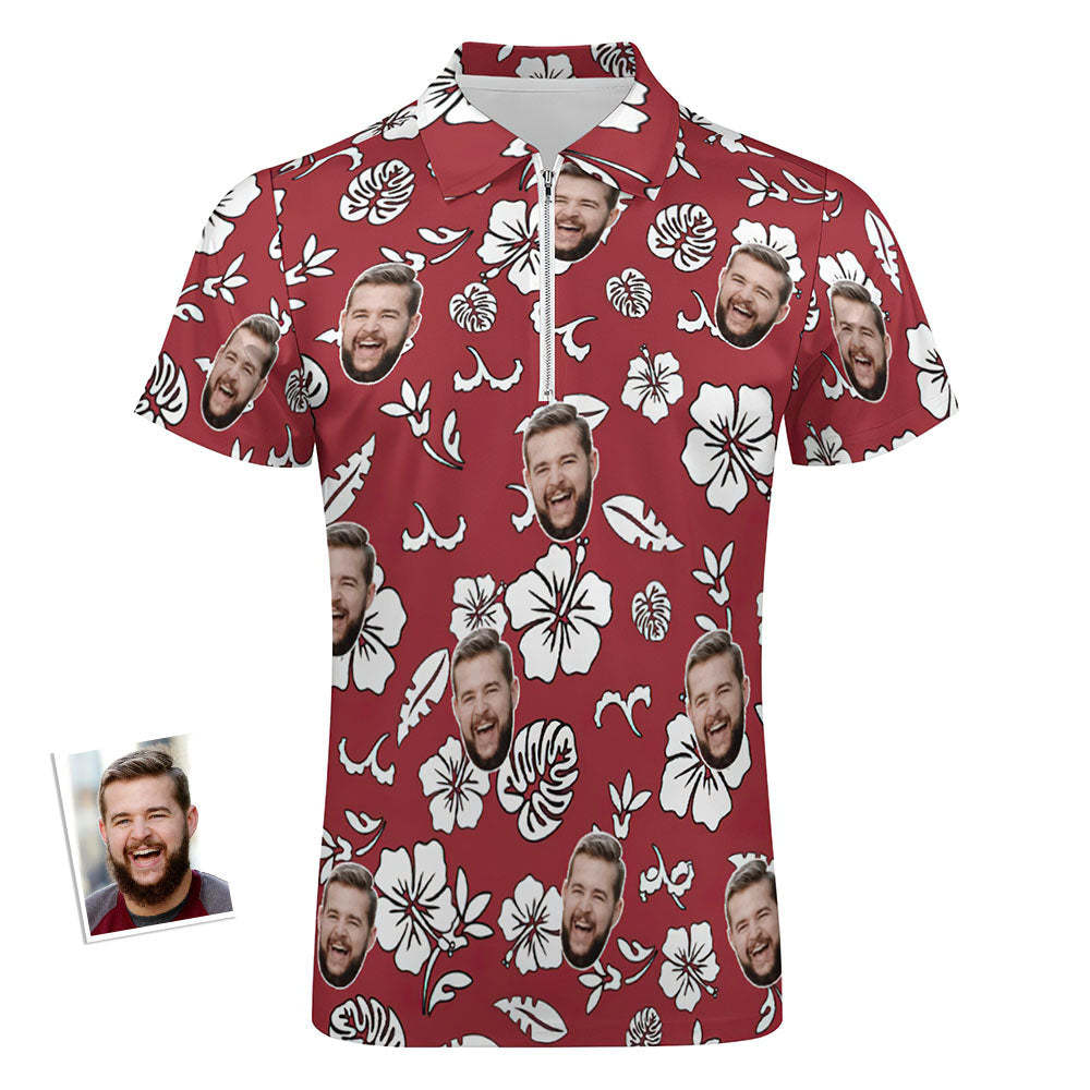 Custom Red Flowers Men's Polo Shirt Personalized Face Funny Polo Shirt with Zipper - auphotoblanket