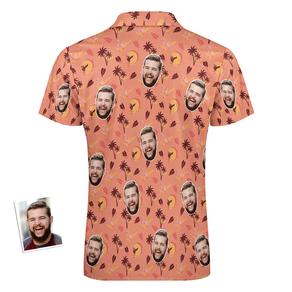 Custom Flamingo Tropical Sunset Men's Polo Shirt Personalized Face Funny Polo Shirt with Zipper - auphotoblanket