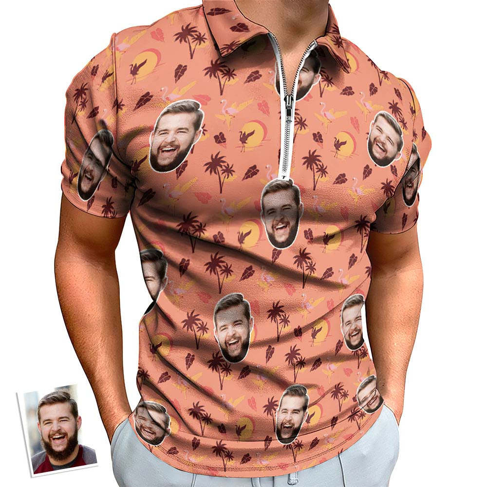 Custom Flamingo Tropical Sunset Men's Polo Shirt Personalized Face Funny Polo Shirt with Zipper - auphotoblanket