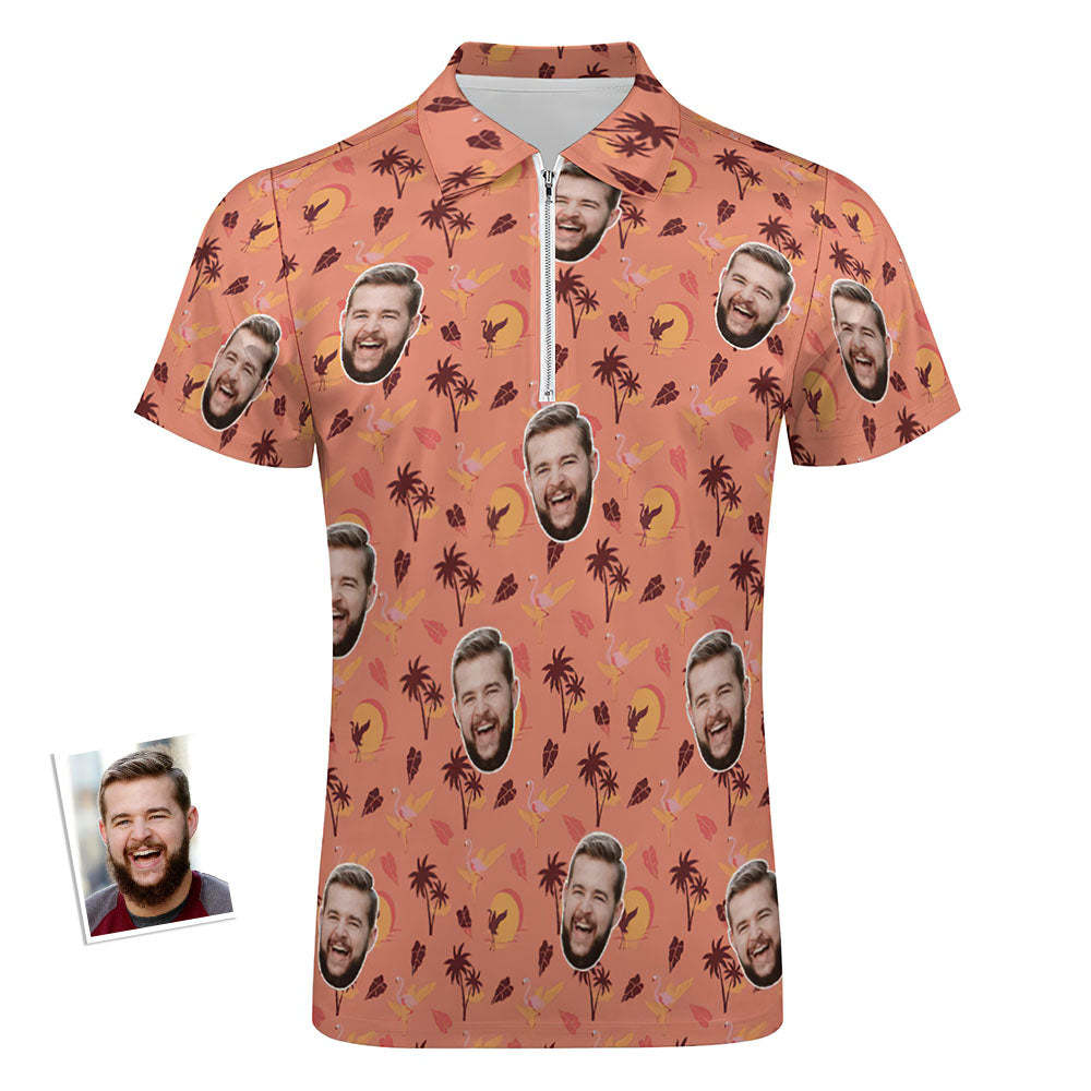 Custom Flamingo Tropical Sunset Men's Polo Shirt Personalized Face Funny Polo Shirt with Zipper - auphotoblanket