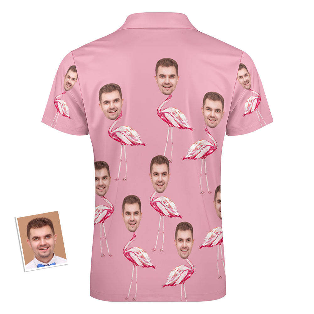 Custom Pink Flamingo Men's Polo Shirt Personalized Face Funny Polo Shirt with Zipper - auphotoblanket