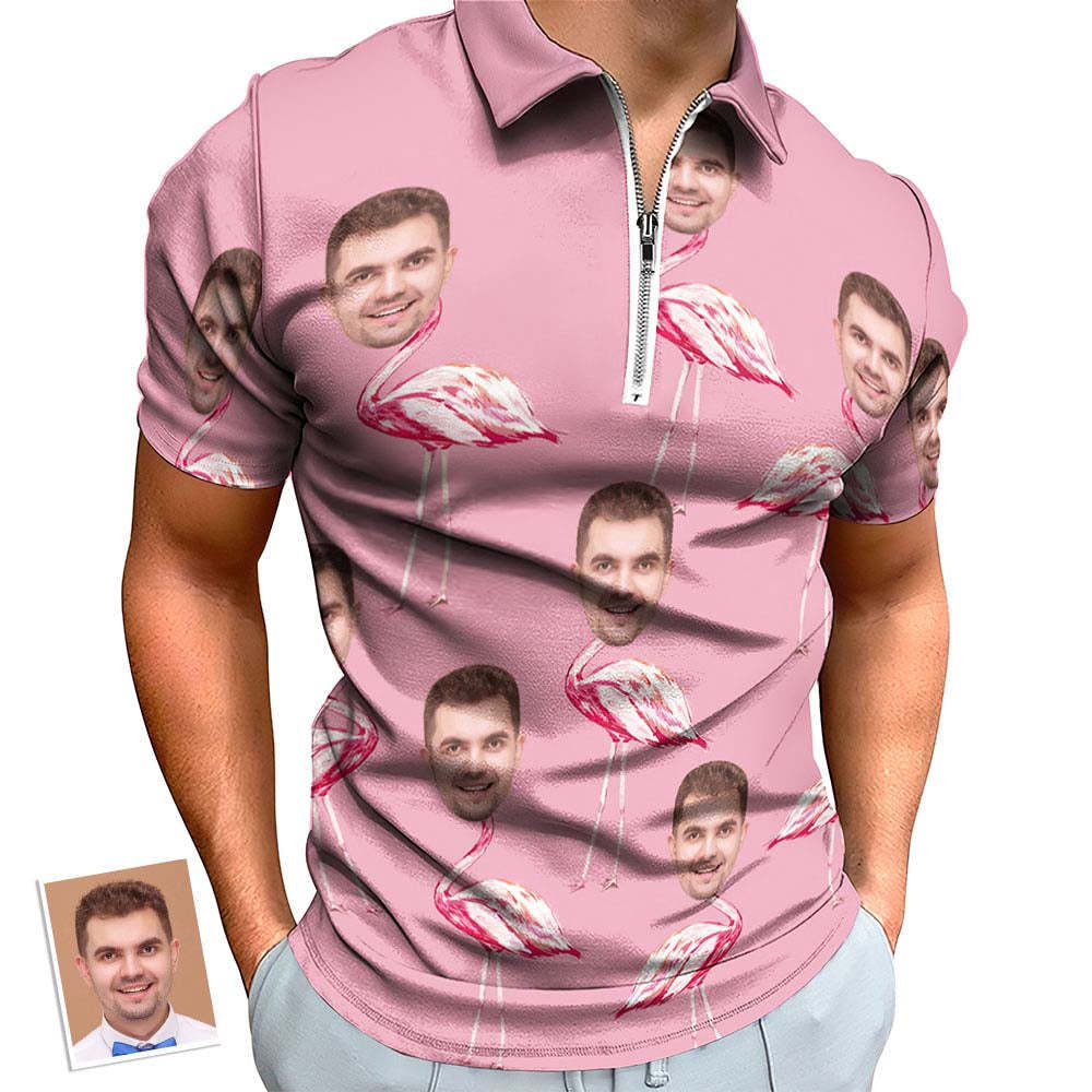 Custom Pink Flamingo Men's Polo Shirt Personalized Face Funny Polo Shirt with Zipper - auphotoblanket