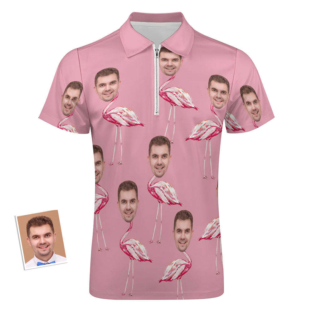 Custom Pink Flamingo Men's Polo Shirt Personalized Face Funny Polo Shirt with Zipper - auphotoblanket
