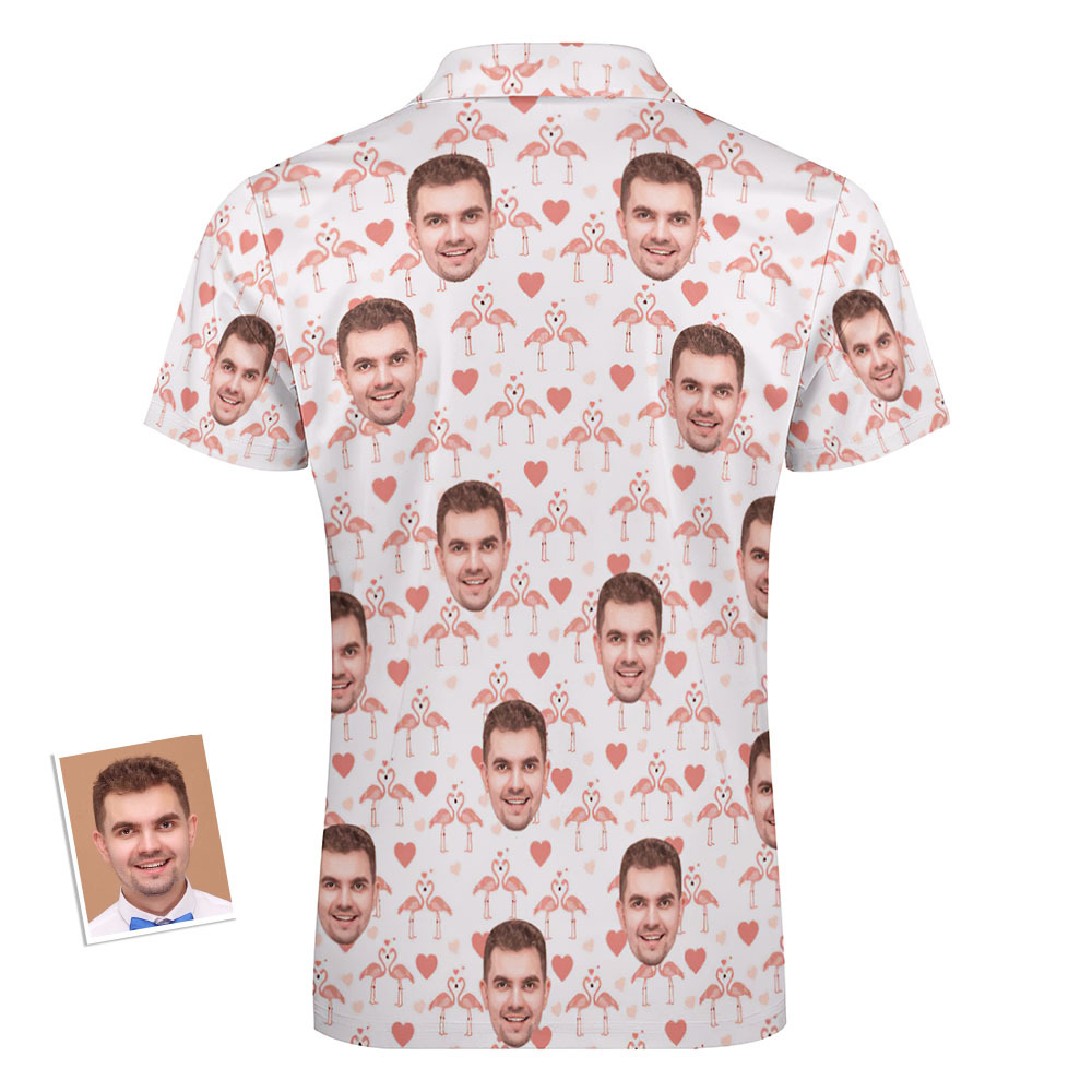 Custom Flamingo Love Men's Polo Shirt Personalized Face Funny Polo Shirt with Zipper - auphotoblanket