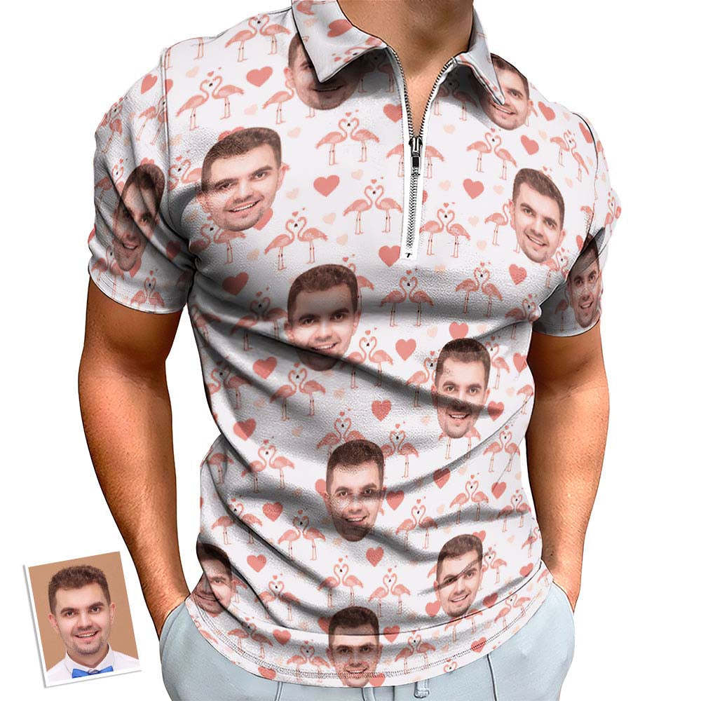 Custom Flamingo Love Men's Polo Shirt Personalized Face Funny Polo Shirt with Zipper - auphotoblanket