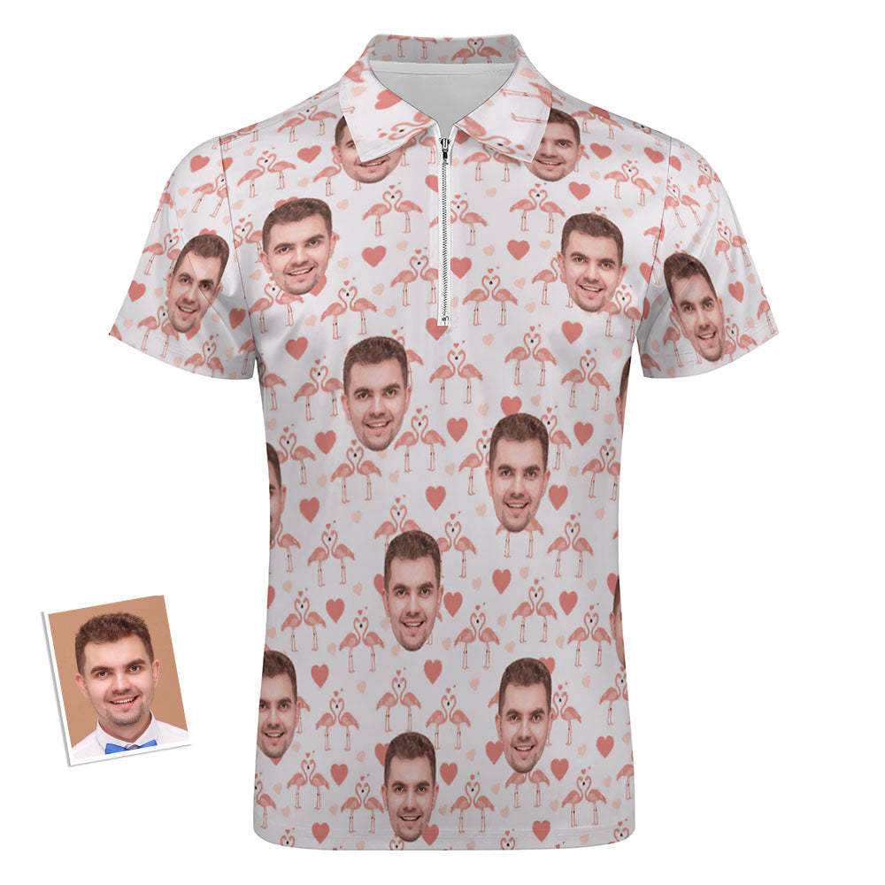 Custom Flamingo Love Men's Polo Shirt Personalized Face Funny Polo Shirt with Zipper - auphotoblanket