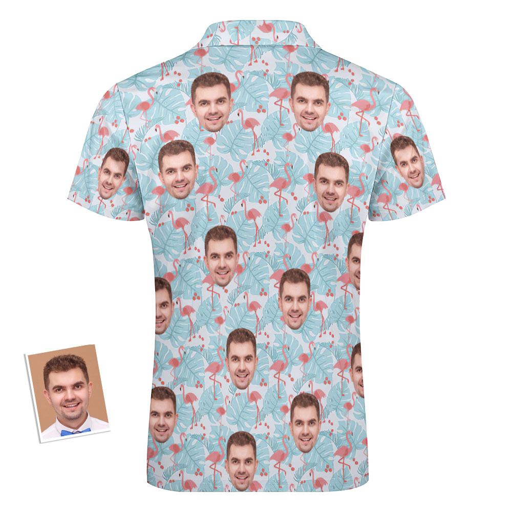 Custom Flamingo Blue Floral Men's Polo Shirt Personalized Face Funny Polo Shirt with Zipper - auphotoblanket