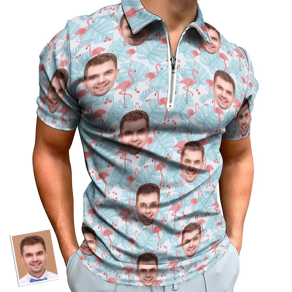 Custom Flamingo Blue Floral Men's Polo Shirt Personalized Face Funny Polo Shirt with Zipper - auphotoblanket