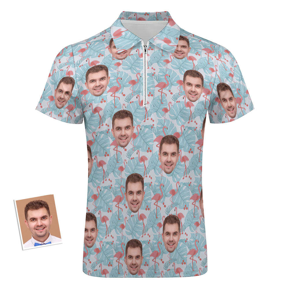 Custom Flamingo Blue Floral Men's Polo Shirt Personalized Face Funny Polo Shirt with Zipper - auphotoblanket
