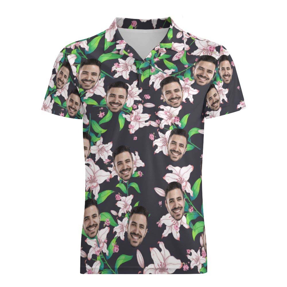 Men's Custom Face Shirt Personalized Golf Shirts Pink Lily Pattern - auphotoblanket
