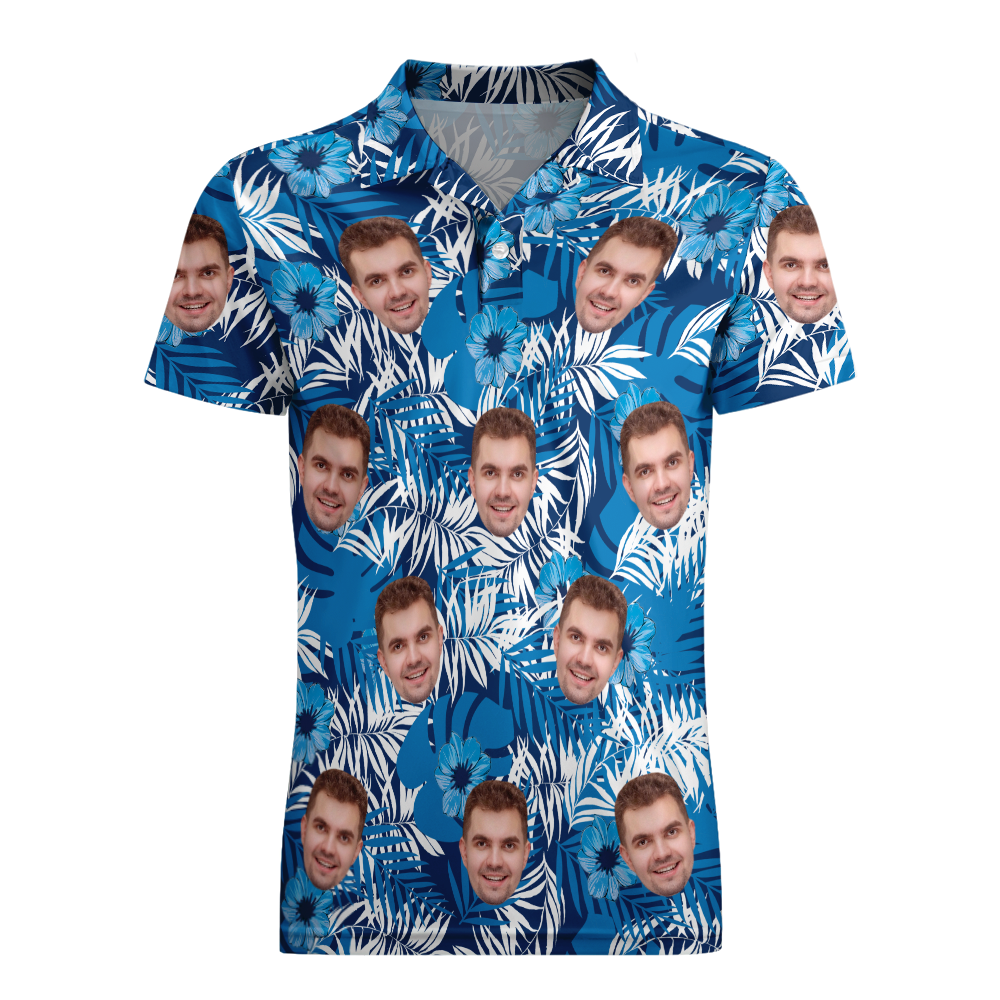 Men's Custom Face POLO Shirt Personalized Golf Shirts For Him Blue Leaves - auphotoblanket
