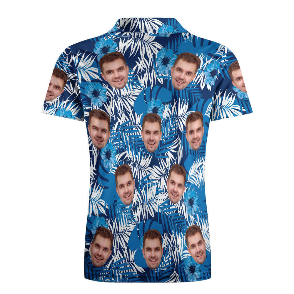 Men's Custom Face POLO Shirt Personalized Golf Shirts For Him Blue Leaves - auphotoblanket