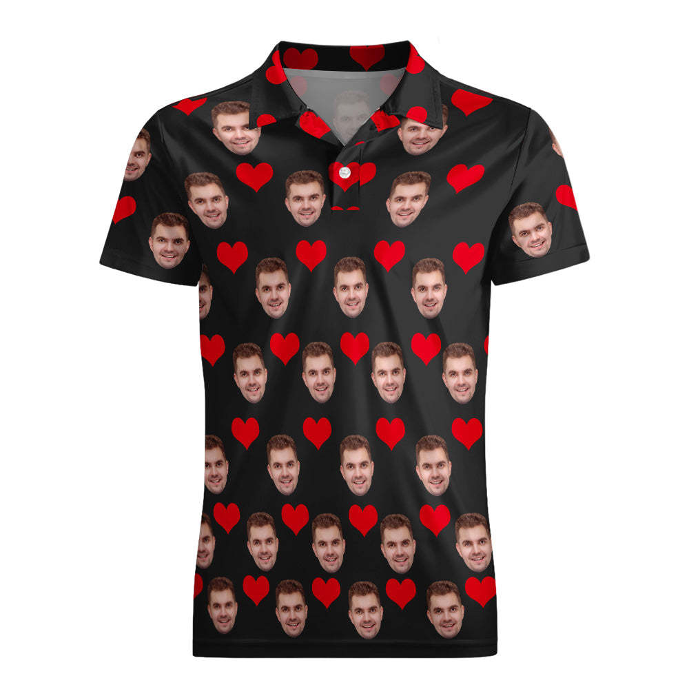 Men's Custom Face POLO Shirt Personalized Golf Shirts For Him Love Heart - auphotoblanket