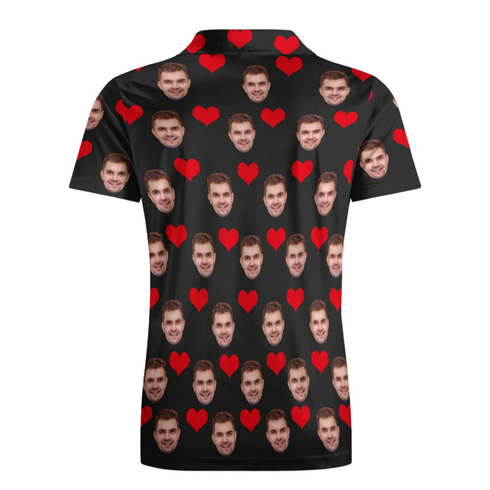 Men's Custom Face POLO Shirt Personalized Golf Shirts For Him Love Heart - auphotoblanket