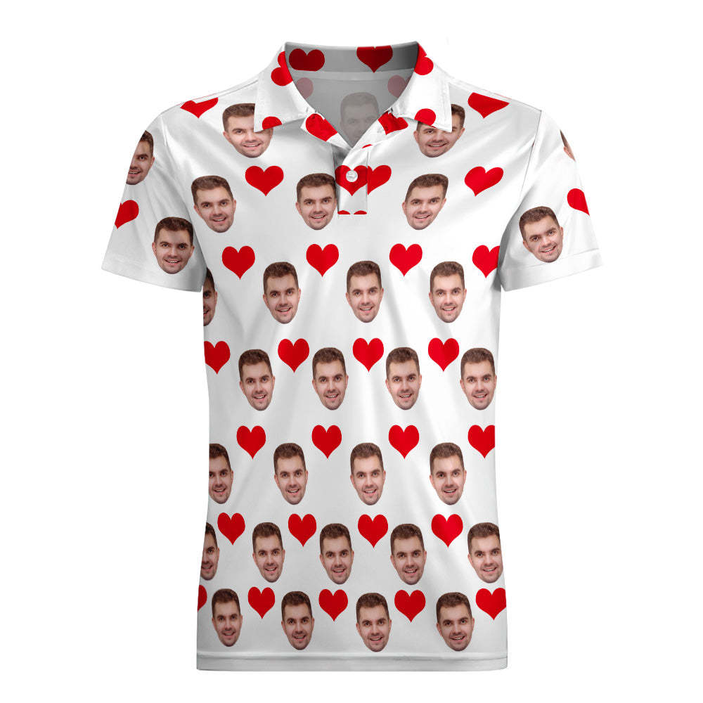 Men's Custom Face POLO Shirt Personalized Golf Shirts For Him Love Heart - auphotoblanket