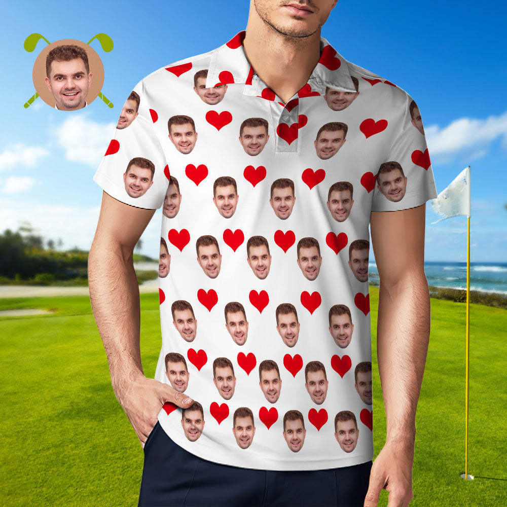 Men's Custom Face POLO Shirt Personalized Golf Shirts For Him Love Heart - auphotoblanket