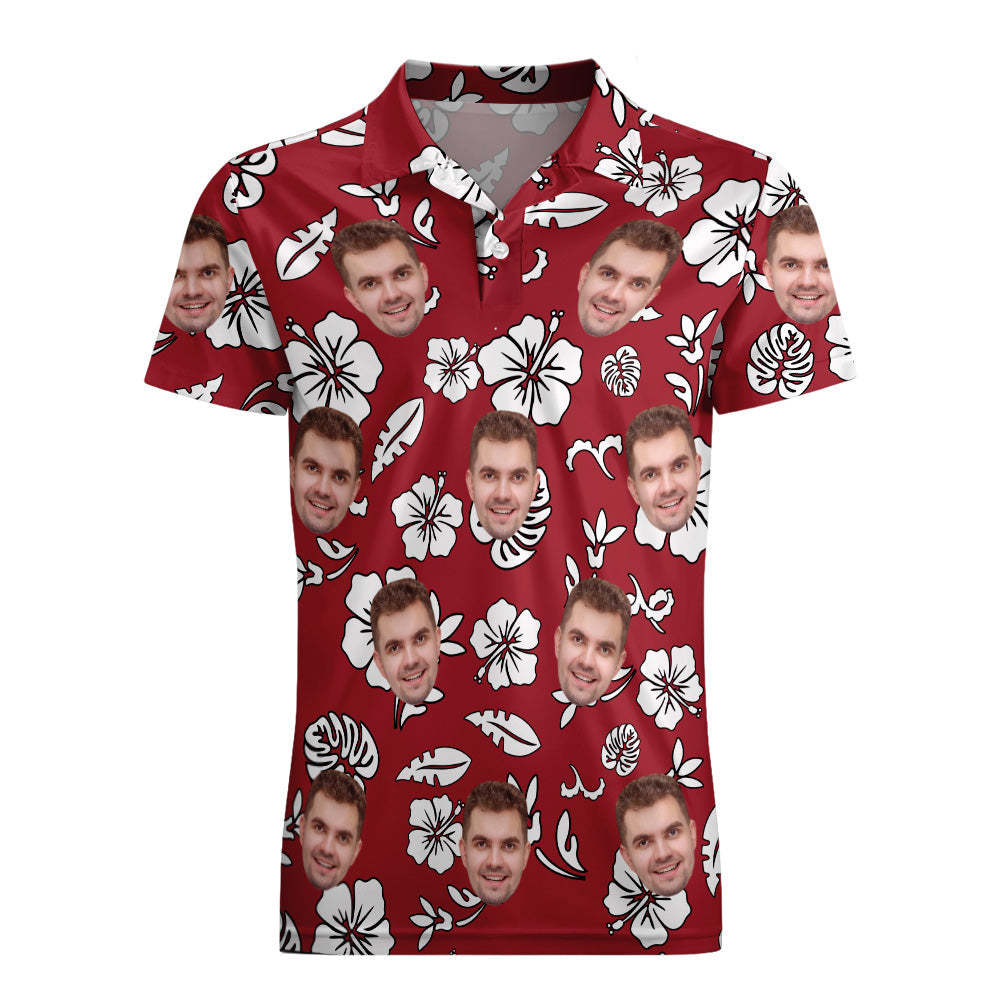 Men's Custom Face POLO Shirt Personalized Red Golf Shirts For Him White Leaves - auphotoblanket