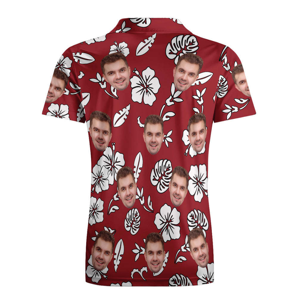 Men's Custom Face POLO Shirt Personalized Red Golf Shirts For Him White Leaves - auphotoblanket