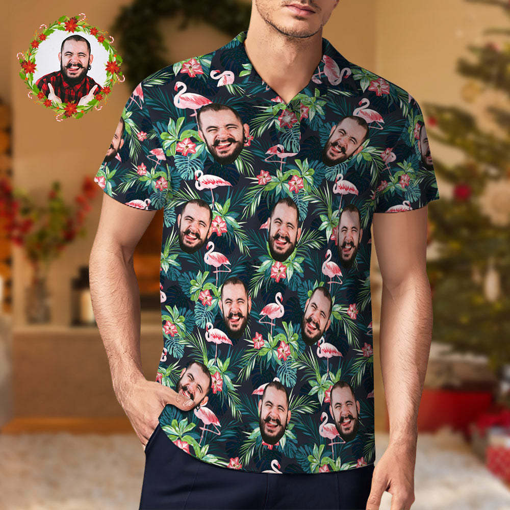 Men's Custom Face POLO Shirt Personalized Golf Shirts For Him Flamingo Flower Christmas Gift - auphotoblanket