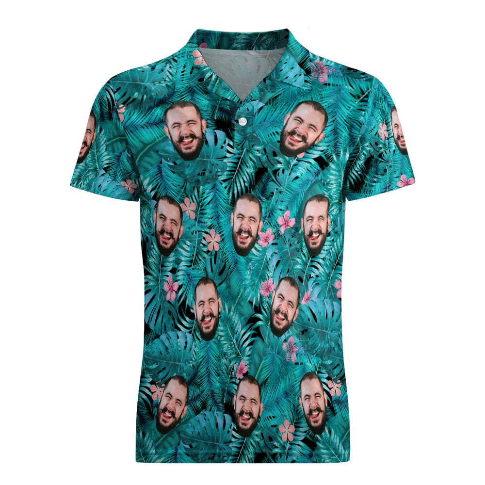 Men's Custom Face POLO Shirt Personalized Blue Golf Shirts For Him Pink Flower - auphotoblanket