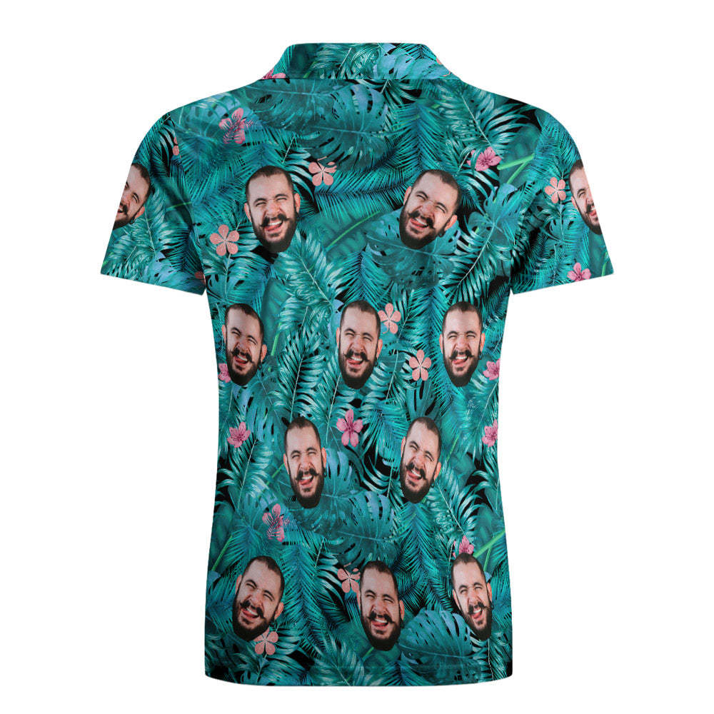 Men's Custom Face POLO Shirt Personalized Blue Golf Shirts For Him Pink Flower - auphotoblanket