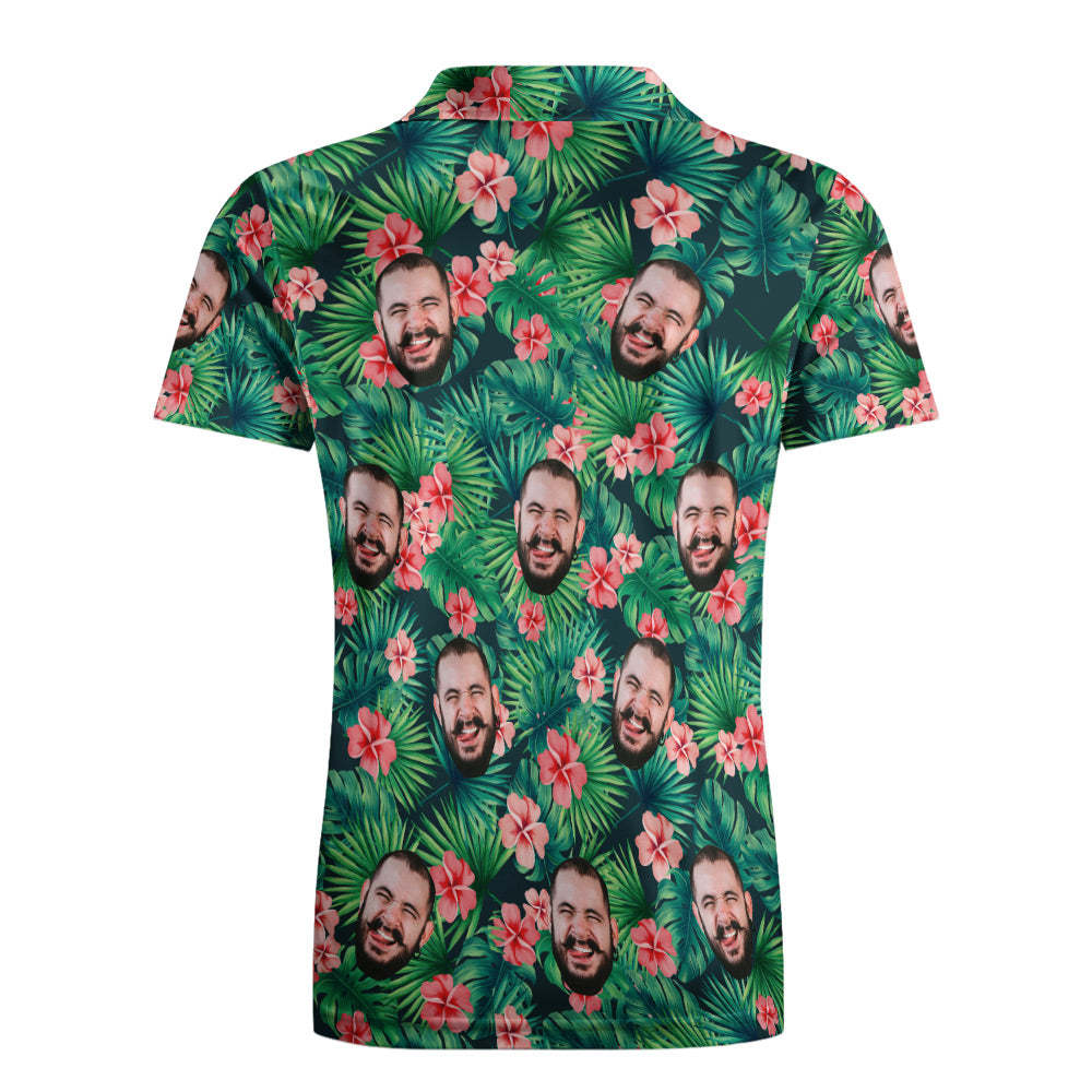Men's Custom Face POLO Shirt Personalized Green Golf Shirts For Him Hawaiian Pink Flower - auphotoblanket
