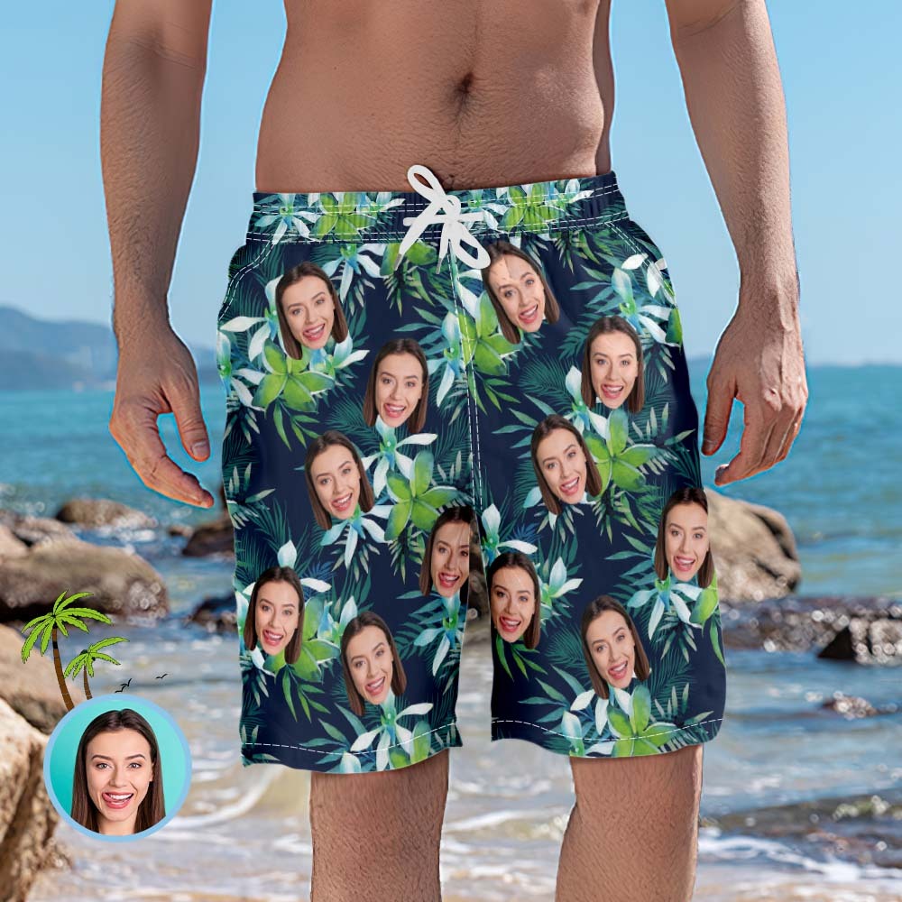 Custom Face Hawaiian Shirt And Beach Shorts  Personalized Men's Photo Tropical Leaves  Vacation Party Gift - auphotoblanket