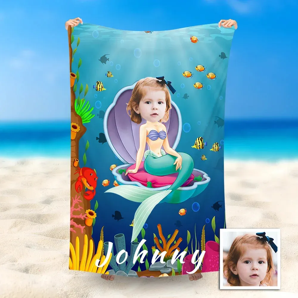 Custom Photo Beach Towel, Mermaid Princess Swimming Towel, Quick Dry B