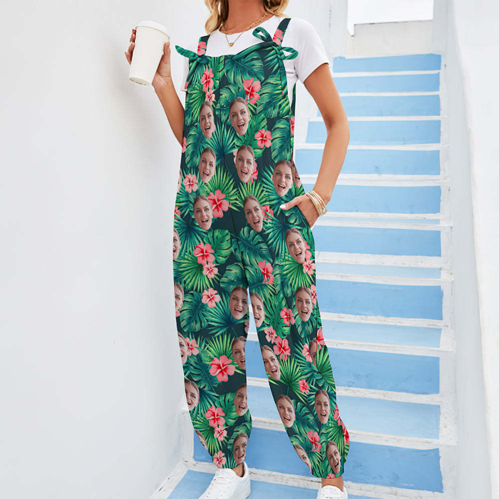 Custom Face Jumpsuit With Suspender Hawaiian Style Leaves & Flowers Rompers - My Photo Socks AU