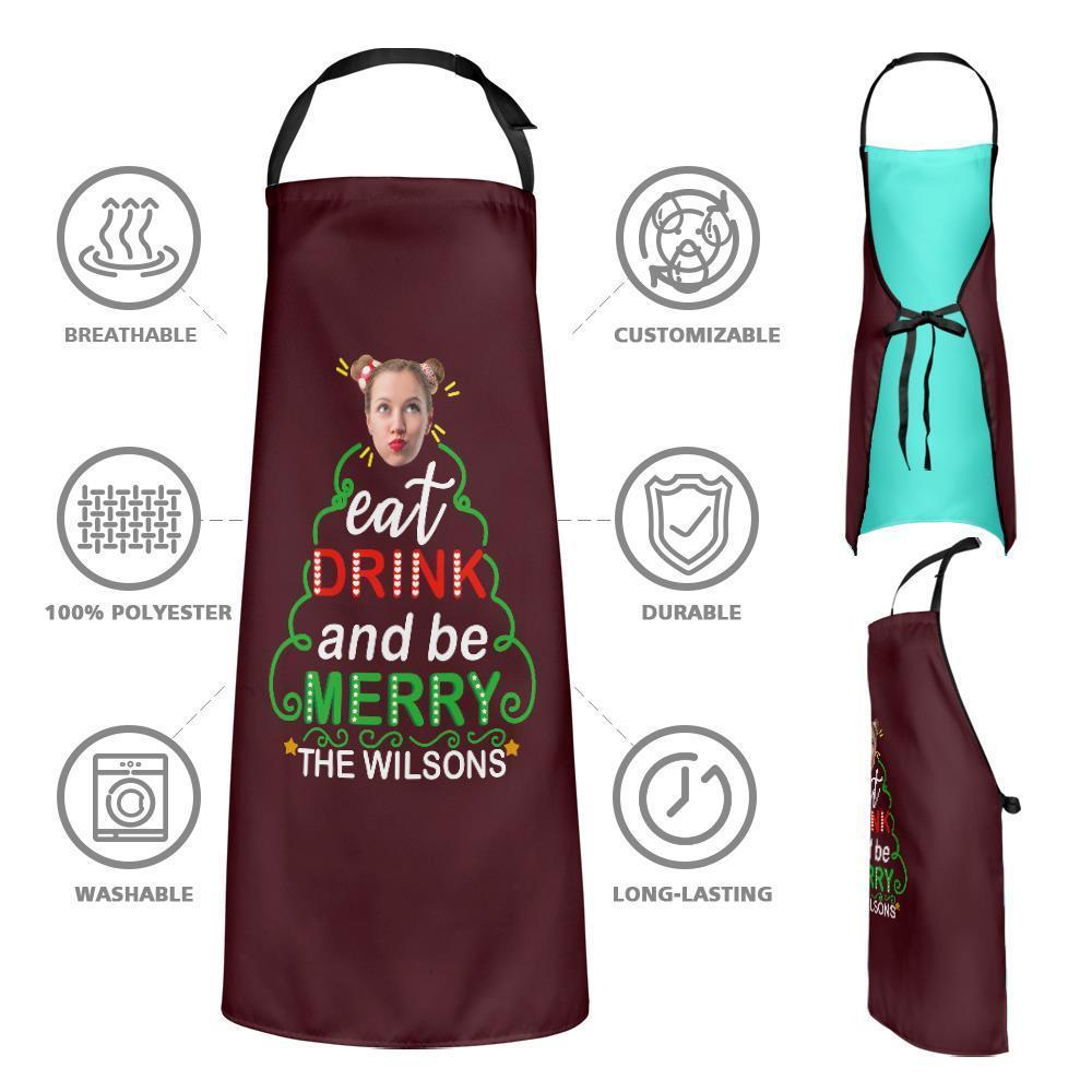 Custom Face Christmas Kitchen Apron Eat Drink And Be Merry Apron Holiday Gift