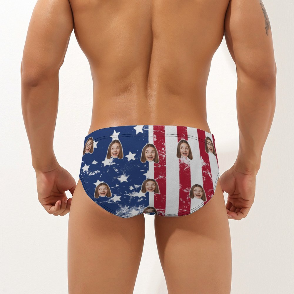 Custom Face Men's Swimming Trunks Personalized American Flag Pattern Triangle Swim Briefs - My Photo Socks AU