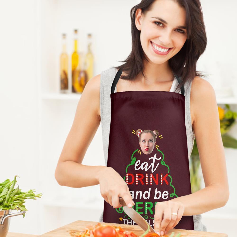 Custom Face Christmas Kitchen Apron Eat Drink And Be Merry Apron Holiday Gift