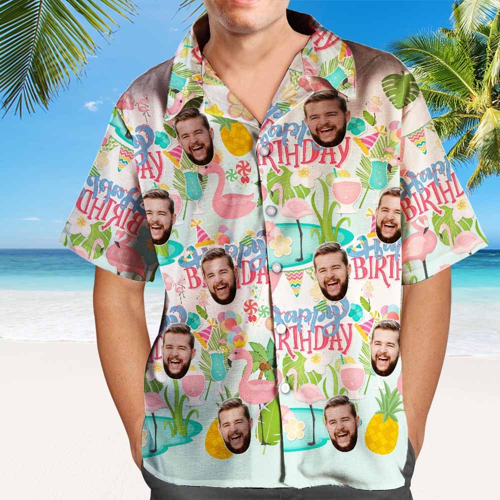 Hawaiian Shirt With Friends Face Custom Happy Birthday Hawaiian Shirt Flamingo Party Personalized Face Shirt