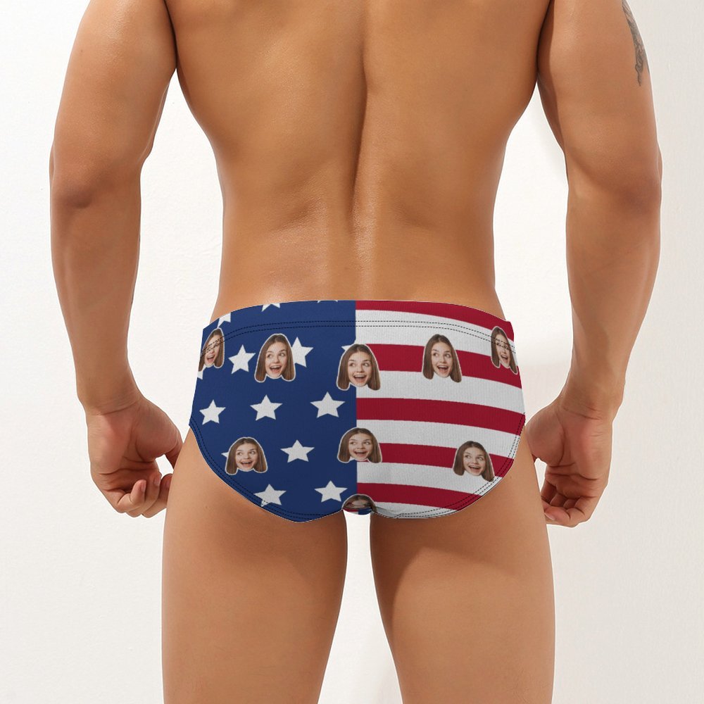 Custom Face Men's Swimming Trunks Personalized America Flag Triangle Swim Briefs - My Photo Socks AU