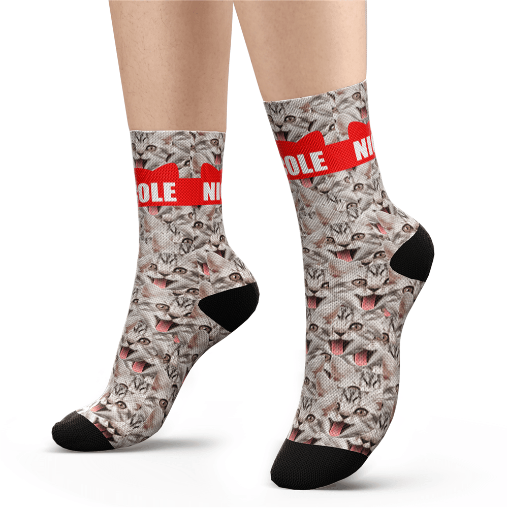 Custom Photo Socks Mash Cat Face Socks With Your Text- Personalized Gifts.