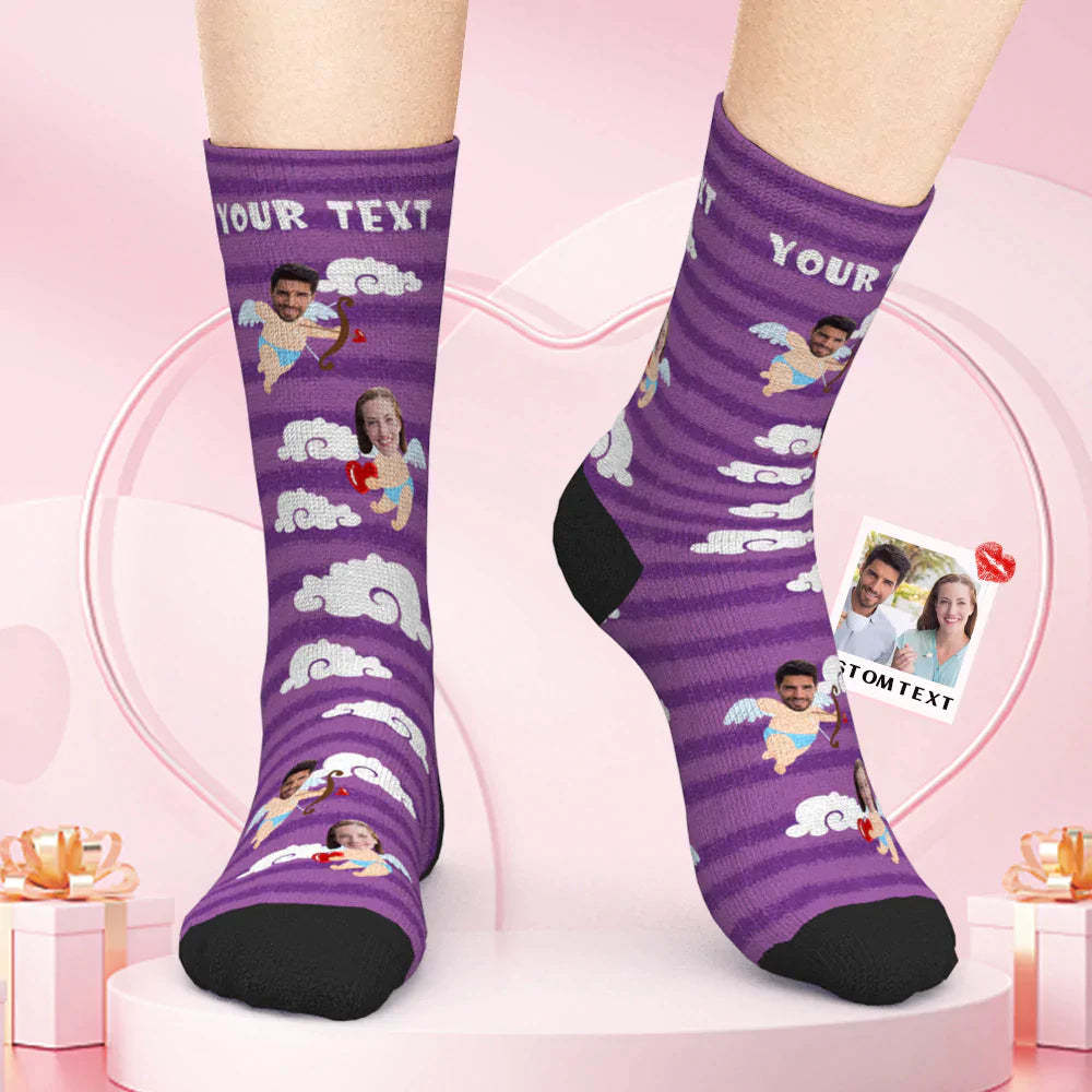 Custom Face Socks Angels in Purple Sky - Couple Face Socks Valentine's Day Gift - My Photo Socks AU